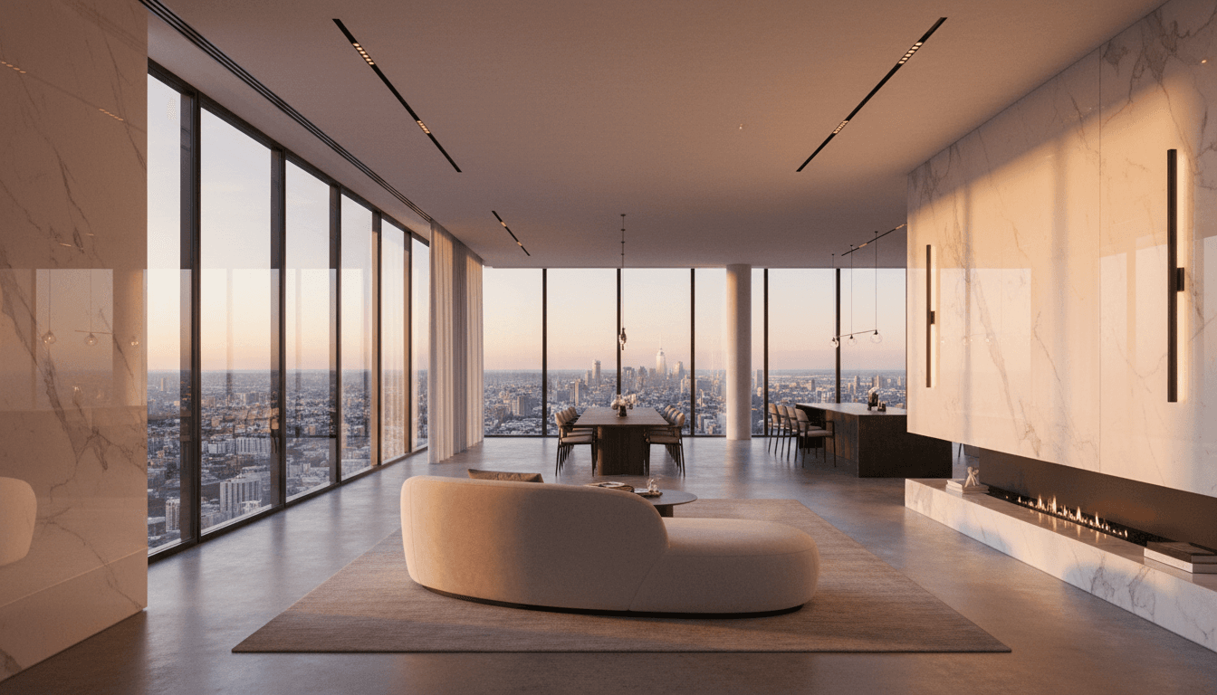 Luxury penthouse interior with elegant furnishings and city views